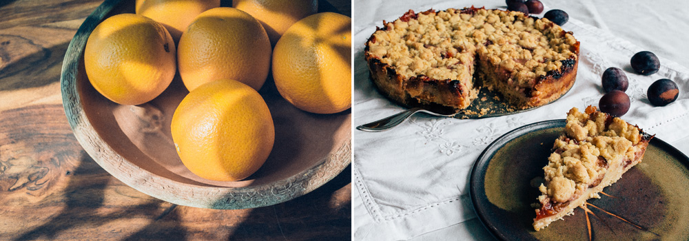 Orangen und Käsekuchen mit Zwetschgen und Streuseln